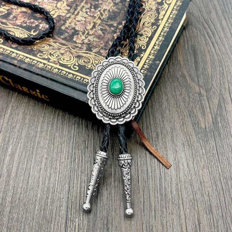 YOQUCOL Vintage American Western Cowboy Indian Art Stone Genunie Leather Bolo Tie For Men Women - Image 5